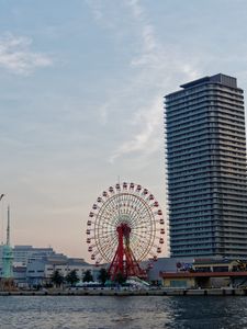 Preview wallpaper ferris wheel, attraction, buildings, water, pier