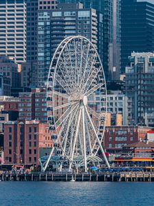 Preview wallpaper ferris wheel, attraction, buildings, water