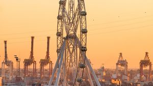 Preview wallpaper ferris wheel, attraction, city, port, sunset