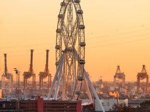 Preview wallpaper ferris wheel, attraction, city, port, sunset