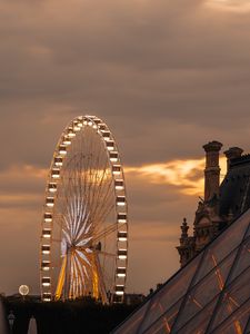 Preview wallpaper ferris wheel, attraction, city, architecture, glow