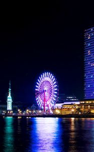 Preview wallpaper ferris wheel, attraction, light, water, reflection, city