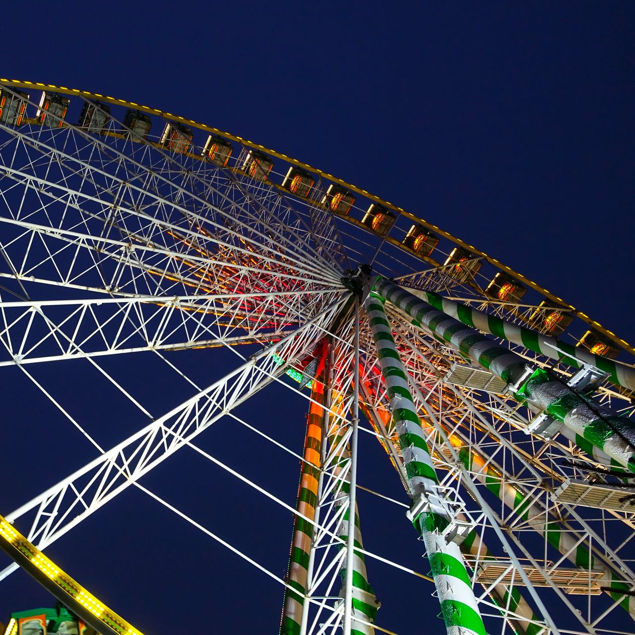 1280x1280 Wallpaper ferris wheel, attraction, lights, night, bottom view