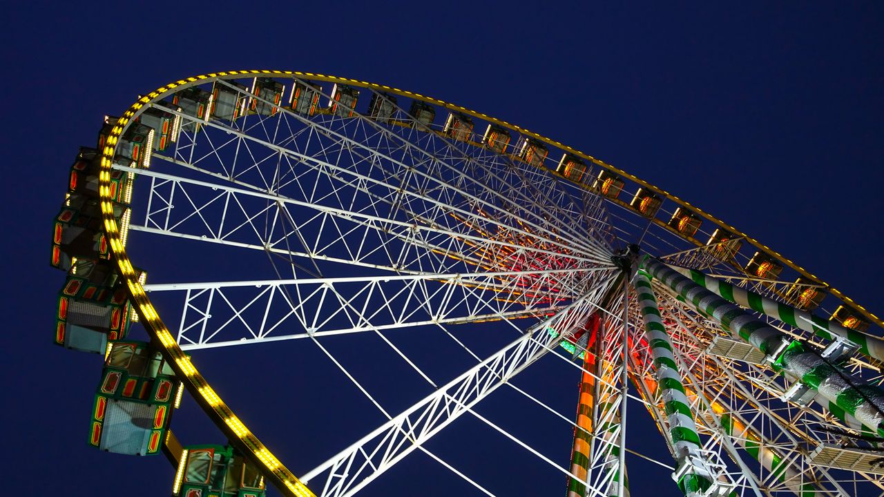 Wallpaper ferris wheel, attraction, lights, night, bottom view