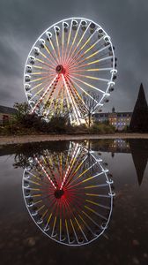 Preview wallpaper ferris wheel, attraction, neon, reflection, pond