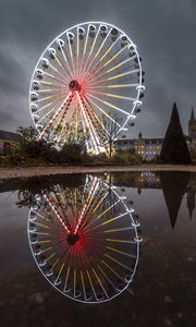 Preview wallpaper ferris wheel, attraction, neon, reflection, pond