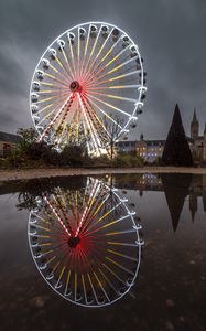 Preview wallpaper ferris wheel, attraction, neon, reflection, pond