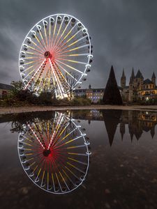 Preview wallpaper ferris wheel, attraction, neon, reflection, pond