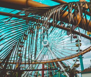 Preview wallpaper ferris wheel, attraction, palm tree, leaves