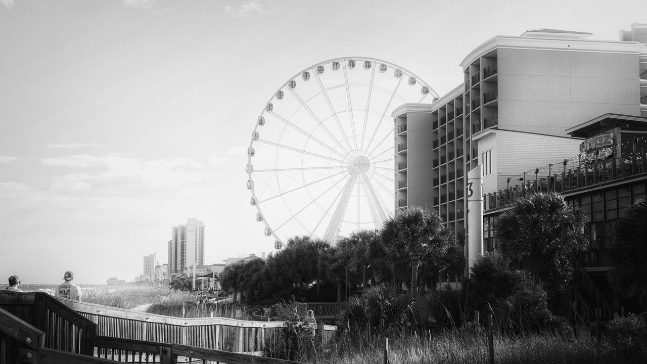 Wallpaper ferris wheel, attraction, sky, trees, buildings, bw