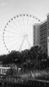 Preview wallpaper ferris wheel, attraction, sky, trees, buildings, bw