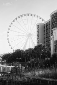 Preview wallpaper ferris wheel, attraction, sky, trees, buildings, bw