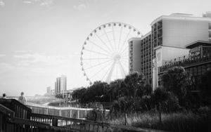 Preview wallpaper ferris wheel, attraction, sky, trees, buildings, bw