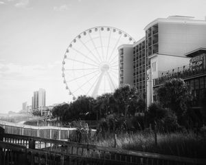 Preview wallpaper ferris wheel, attraction, sky, trees, buildings, bw