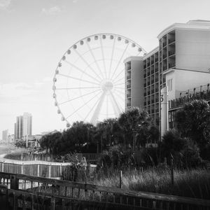 Preview wallpaper ferris wheel, attraction, sky, trees, buildings, bw