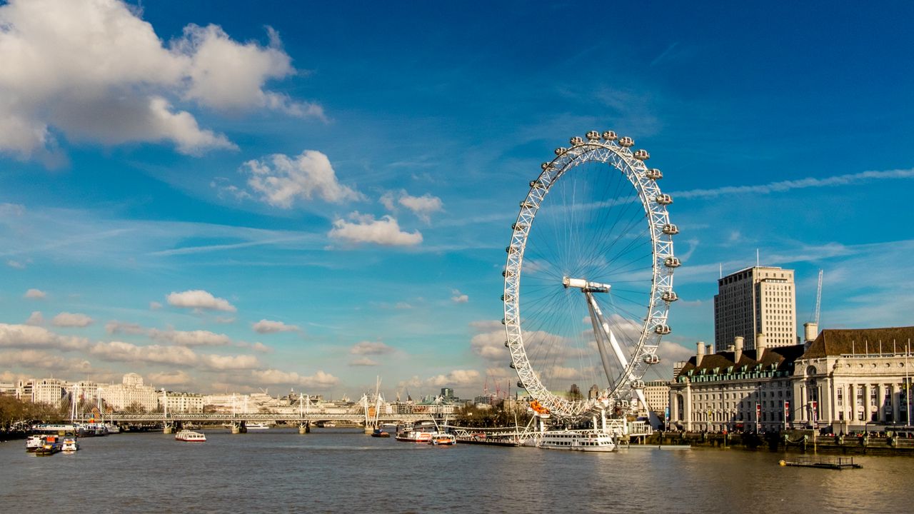 Wallpaper ferris wheel, attraction, sky, ship, river