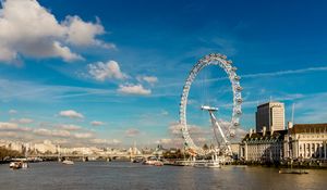 Preview wallpaper ferris wheel, attraction, sky, ship, river