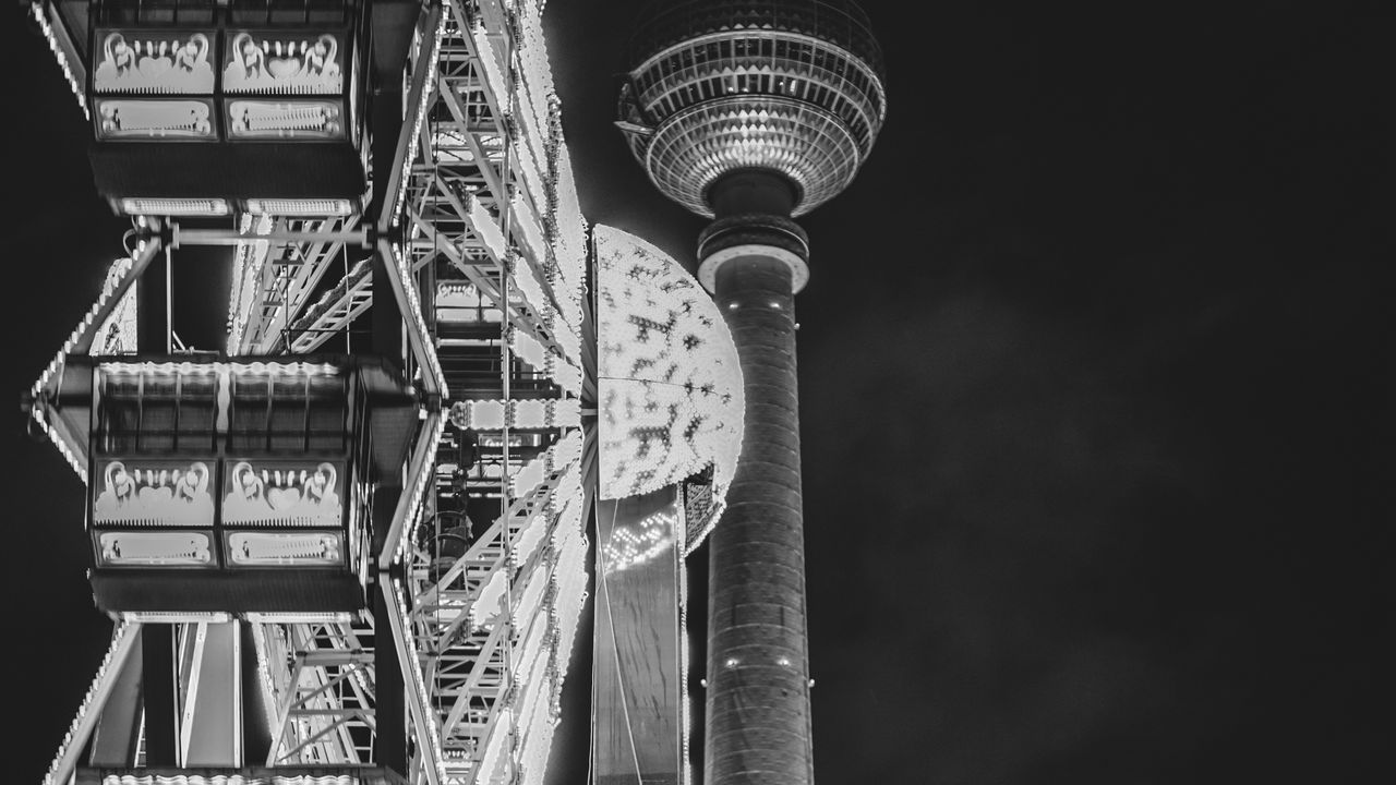 Wallpaper ferris wheel, attraction, tower, lights, night, bw