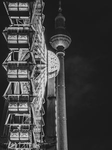 Preview wallpaper ferris wheel, attraction, tower, lights, night, bw