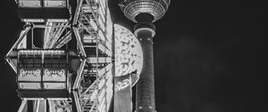 Preview wallpaper ferris wheel, attraction, tower, lights, night, bw