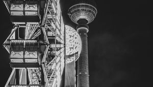 Preview wallpaper ferris wheel, attraction, tower, lights, night, bw