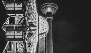 Preview wallpaper ferris wheel, attraction, tower, lights, night, bw