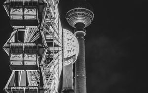 Preview wallpaper ferris wheel, attraction, tower, lights, night, bw