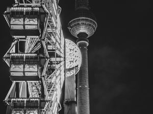 Preview wallpaper ferris wheel, attraction, tower, lights, night, bw