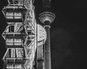 Preview wallpaper ferris wheel, attraction, tower, lights, night, bw