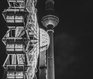 Preview wallpaper ferris wheel, attraction, tower, lights, night, bw