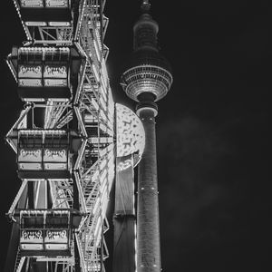 Preview wallpaper ferris wheel, attraction, tower, lights, night, bw