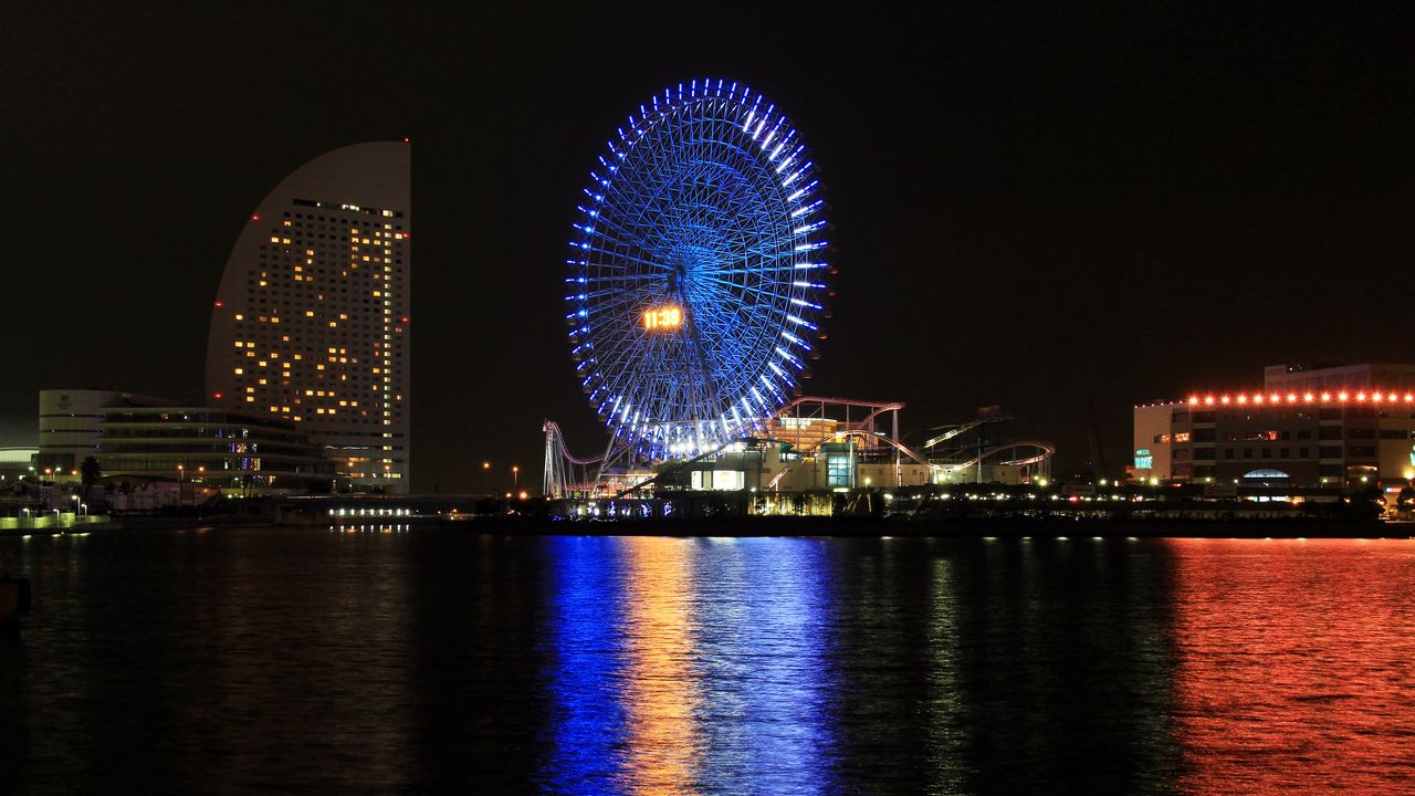 Wallpaper ferris wheel, attractions, water, glow, dark