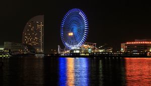 Preview wallpaper ferris wheel, attractions, water, glow, dark