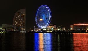 Preview wallpaper ferris wheel, attractions, water, glow, dark