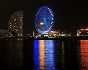 Preview wallpaper ferris wheel, attractions, water, glow, dark