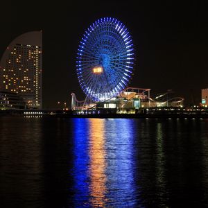 Preview wallpaper ferris wheel, attractions, water, glow, dark