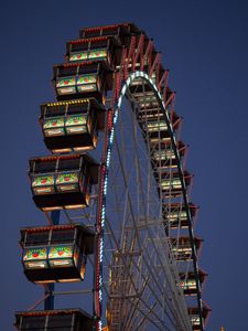 Preview wallpaper ferris wheel, booths, attraction, lights, twilight