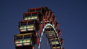 Preview wallpaper ferris wheel, booths, attraction, lights, twilight