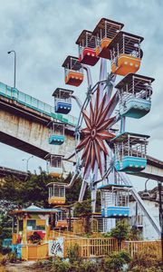 Preview wallpaper ferris wheel, bridge, fence, multicolored