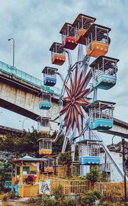 Preview wallpaper ferris wheel, bridge, fence, multicolored