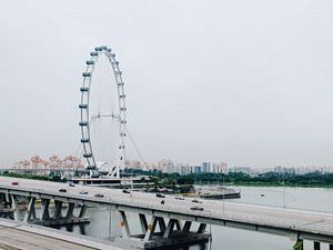 Preview wallpaper ferris wheel, bridge, highway, river