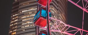 Preview wallpaper ferris wheel, building, skyscraper, backlight, night