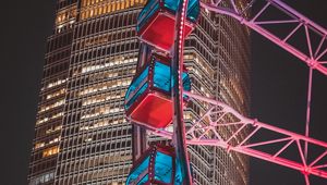 Preview wallpaper ferris wheel, building, skyscraper, backlight, night