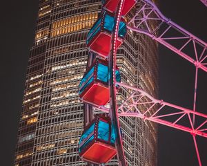 Preview wallpaper ferris wheel, building, skyscraper, backlight, night