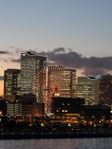 Preview wallpaper ferris wheel, buildings, houses, lights, evening, city