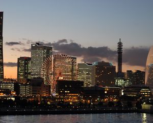 Preview wallpaper ferris wheel, buildings, houses, lights, evening, city