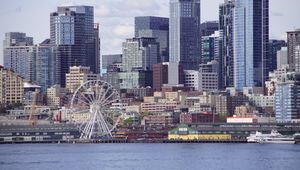 Preview wallpaper ferris wheel, buildings, skyscrapers, architecture, city