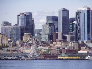 Preview wallpaper ferris wheel, buildings, skyscrapers, architecture, city