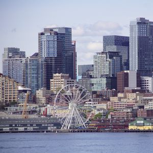 Preview wallpaper ferris wheel, buildings, skyscrapers, architecture, city