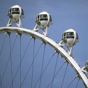 Preview wallpaper ferris wheel, cabins, cables, sky, attraction